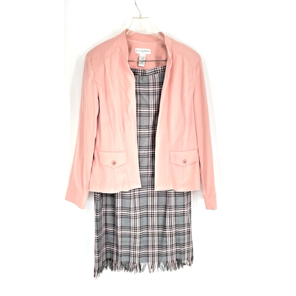 Sag Harbor Womens Size 14‎ Skirt Suit Pink Gray Plaid Fringe Hem